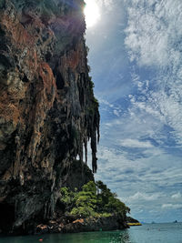 Rock formations by sea against sky