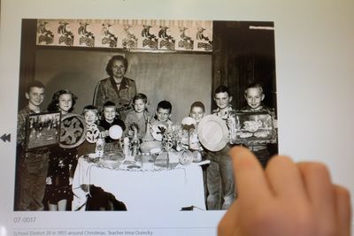 High angle view of people on table