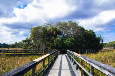 Bridge amidst trees on field against sky