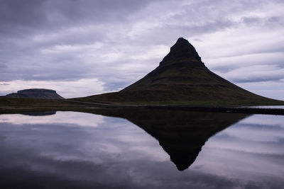 Reflection of the kirkjufell mountain,  in dark, sunset light. snaefellsnes peninsula, iceland