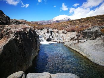 Scenic view of river amidst mountains against sky