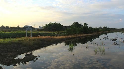 Scenic view of lake against sky at sunset