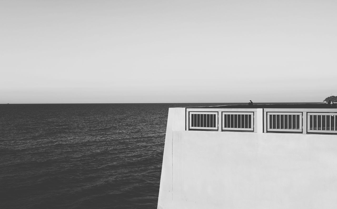 sky, sea, water, horizon, copy space, horizon over water, clear sky, nature, beauty in nature, transportation, no people, day, scenics - nature, nautical vessel, mode of transportation, outdoors, tranquil scene, tranquility, railing, passenger craft, cruise ship