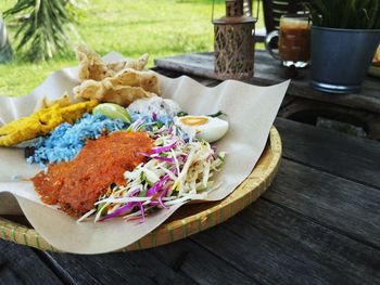 Close-up of food served on table