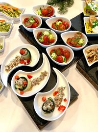 High angle view of meal served on table