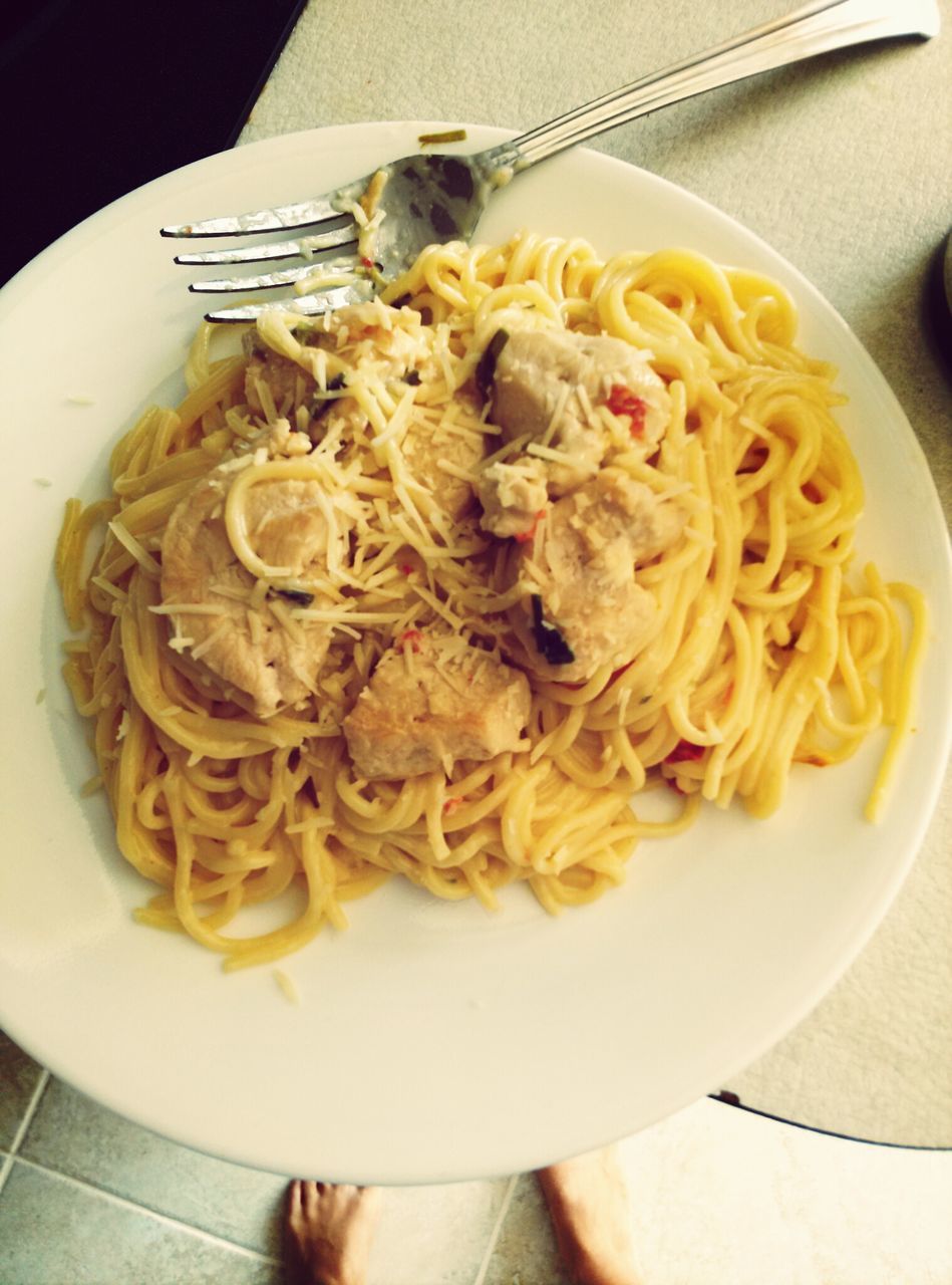 food and drink, food, indoors, freshness, plate, ready-to-eat, pasta, healthy eating, noodles, close-up, meal, still life, serving size, bowl, table, high angle view, indulgence, spaghetti, spoon, italian food