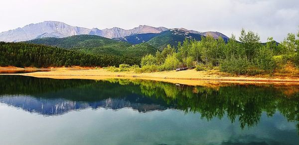 Scenic view of lake and mountains against sky