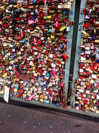 Close-up of padlocks on railing