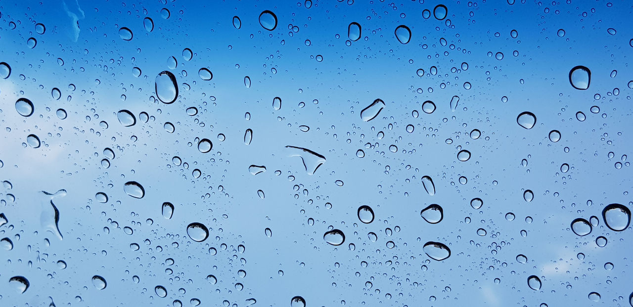 drop, water, wet, backgrounds, no people, window, full frame, transparent, nature, close-up, rain, glass, blue, indoors, sky, raindrop, pattern, black and white, purity, freshness, simplicity, abstract