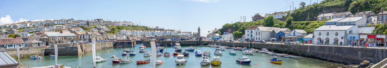 Panoramic view of porthleven harbour and boats