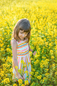 Portrait of cute girl holding flowers while standing in field