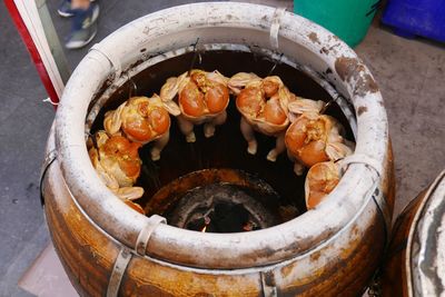 Close-up high angle view of chicken in container