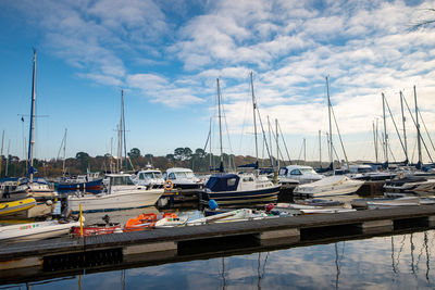 Sailboats moored at harbor against sky