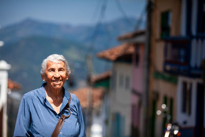 Senior woman tourist at the heritage town of salamina in the department of caldas in colombia