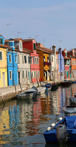 Sailboats moored on canal by buildings in city