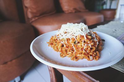 High angle view of food in plate on table