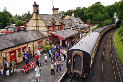 High angle view of people in the railway station