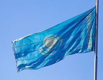 Low angle view of flags against clear blue sky