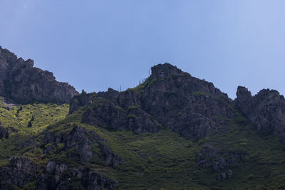 Scenic view of rocky mountains against clear blue sky