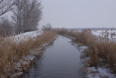 Scenic view of canal against clear sky during winter