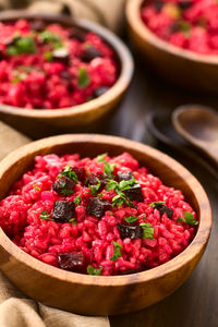 High angle view of strawberries in bowl on table