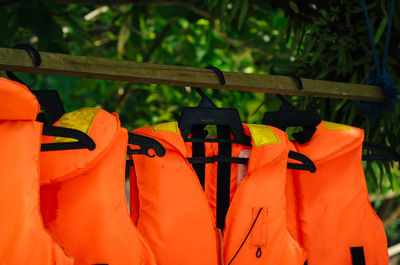 Close-up of clothes hanging on clothesline in yard