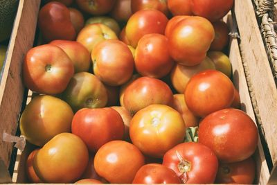 High angle view of tomatoes in crate