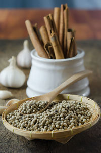 Close-up of coffee beans on table
