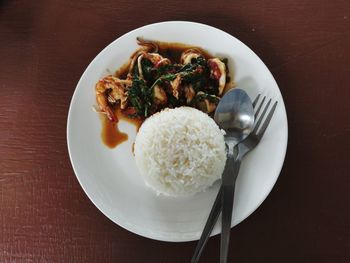 High angle view of breakfast served on table