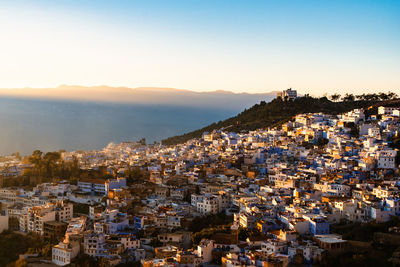 High angle shot of townscape against sky