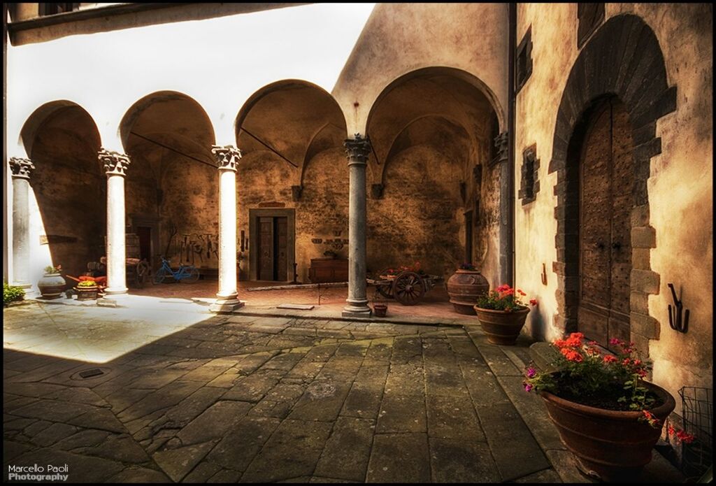 architecture, built structure, arch, indoors, building exterior, architectural column, corridor, potted plant, the way forward, courtyard, entrance, building, empty, history, day, archway, tiled floor, door, column, cobblestone