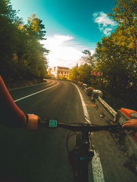 Man riding bicycle on road by trees against sky