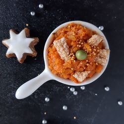 High angle view of food in bowl on table