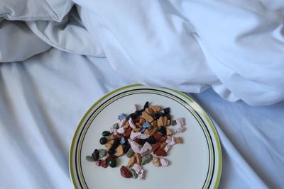 High angle view of breakfast on bed