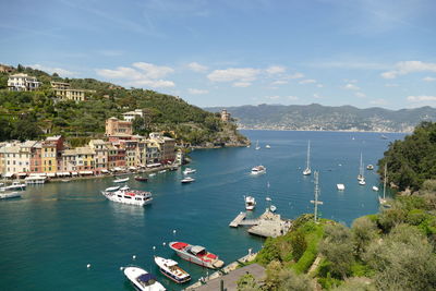 High angle view of boats in bay