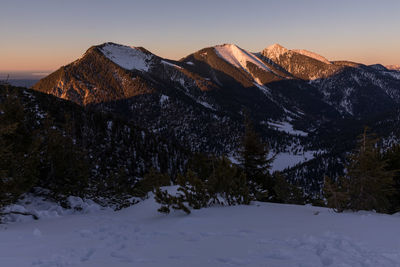 Scenic view of snowcapped mountains against sky during winter