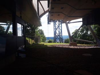 View of bridge through train window