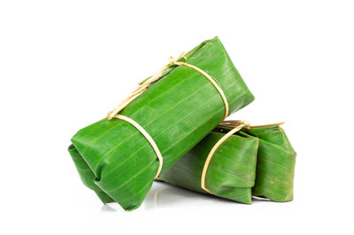 Close-up of green leaves on white background