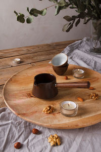 High angle view of breakfast on table