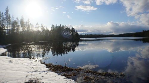 Scenic view of lake against sky during winter