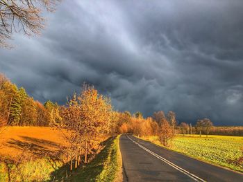 Road by trees against cloudy sky