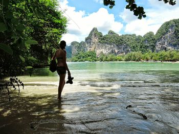 Rear view of woman standing at shore on sunny day