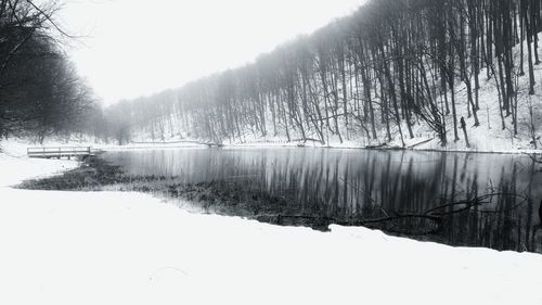 Scenic view of lake against clear sky during winter