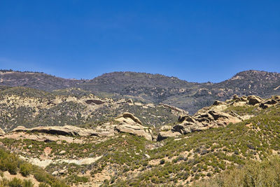 Scenic view of rocky mountains against clear blue sky