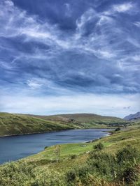 Scenic view of lake against cloudy sky