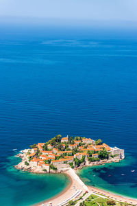 Aerial view of town by sea