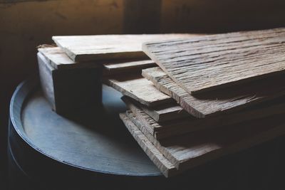 High angle view of books on table