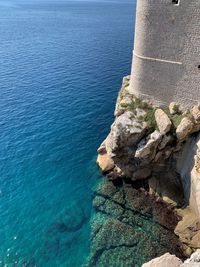 High angle view of rock formation in sea