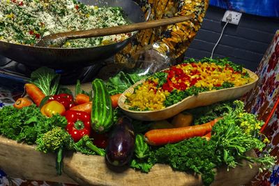 High angle view of fruits and vegetables in market