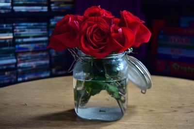 Close-up of red flower on table